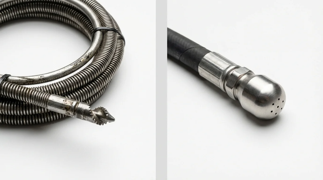 Drain snake cable and hydro jetting nozzle used for drain cleaning in Orange City, IA