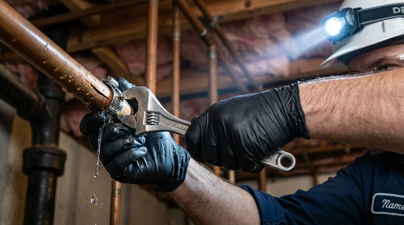 Emergency pipe clamp repair being performed by a Johns Plumbing LLC plumber in Orange City