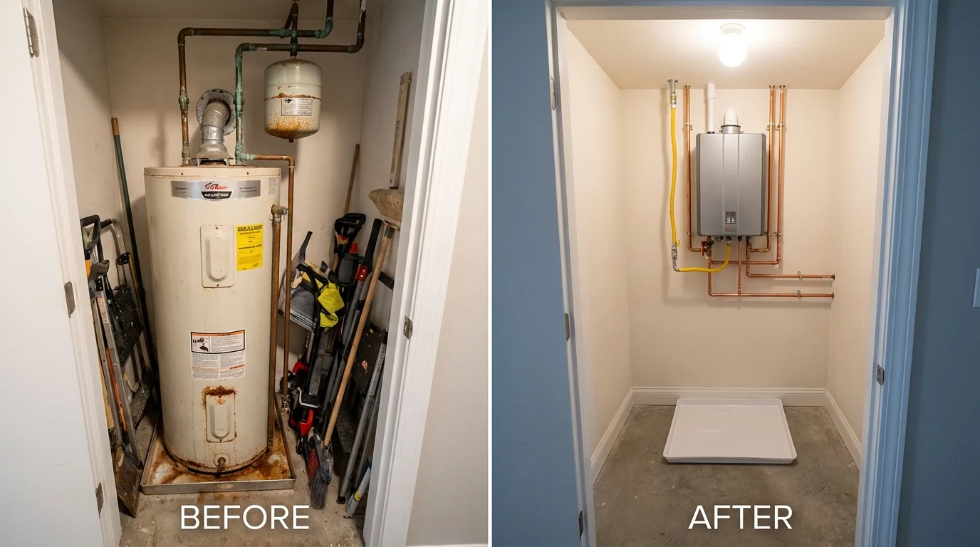 Tank water heater versus wall-mounted tankless unit comparison for Orange City, IA homeowners
