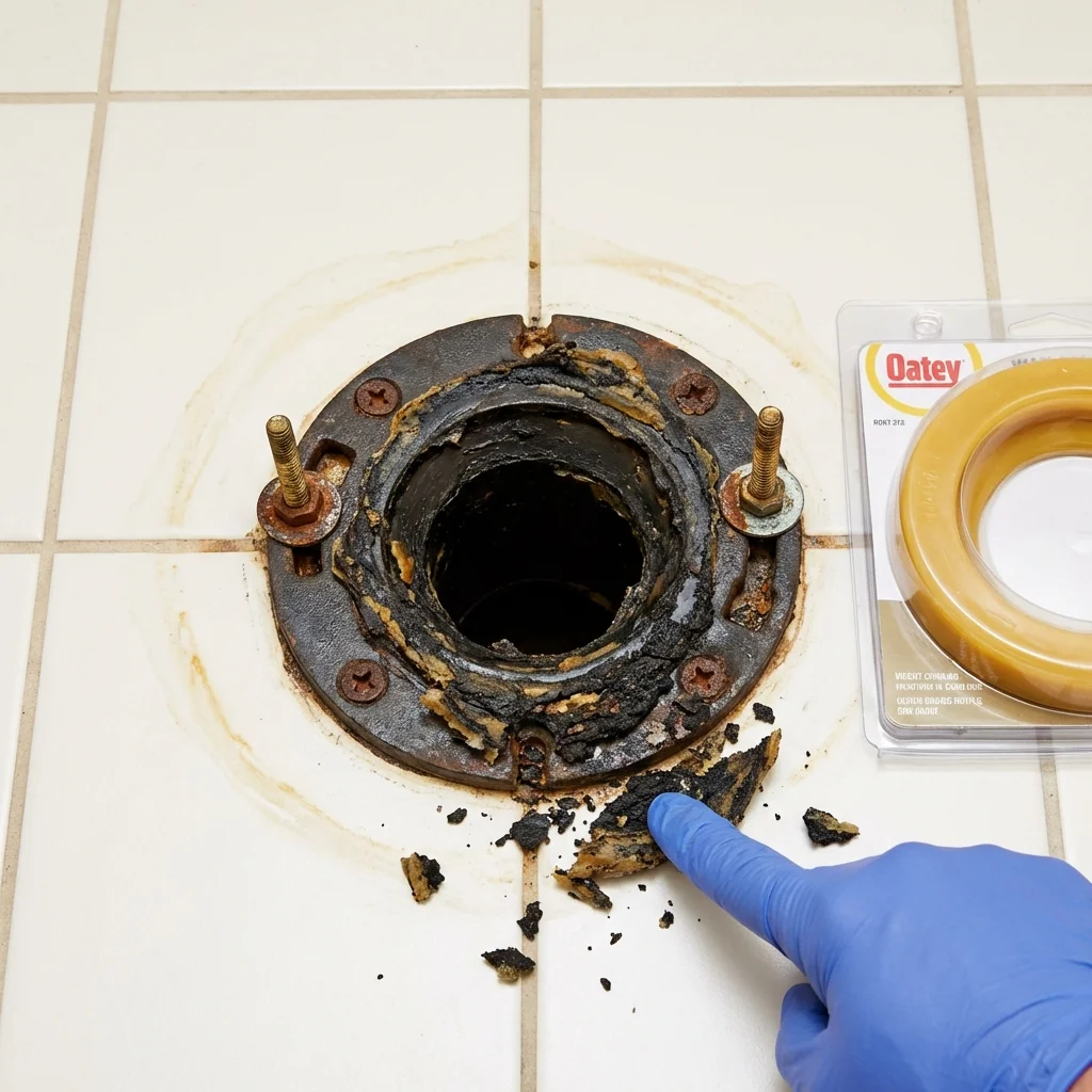 Failed wax ring showing water seepage at the base of a toilet in a Orange City, IA home