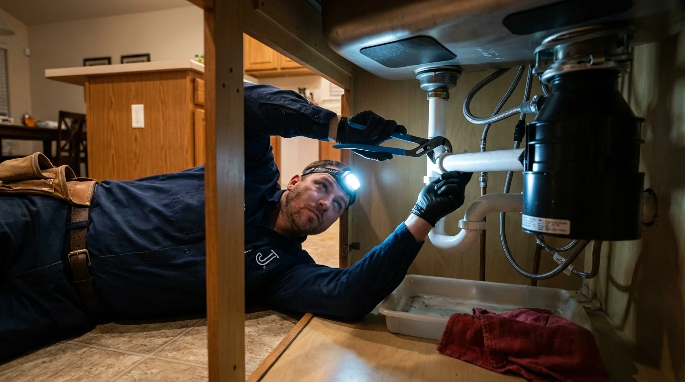 P-trap and supply line connections under a kitchen sink showing a common leak point in Orange City, IA